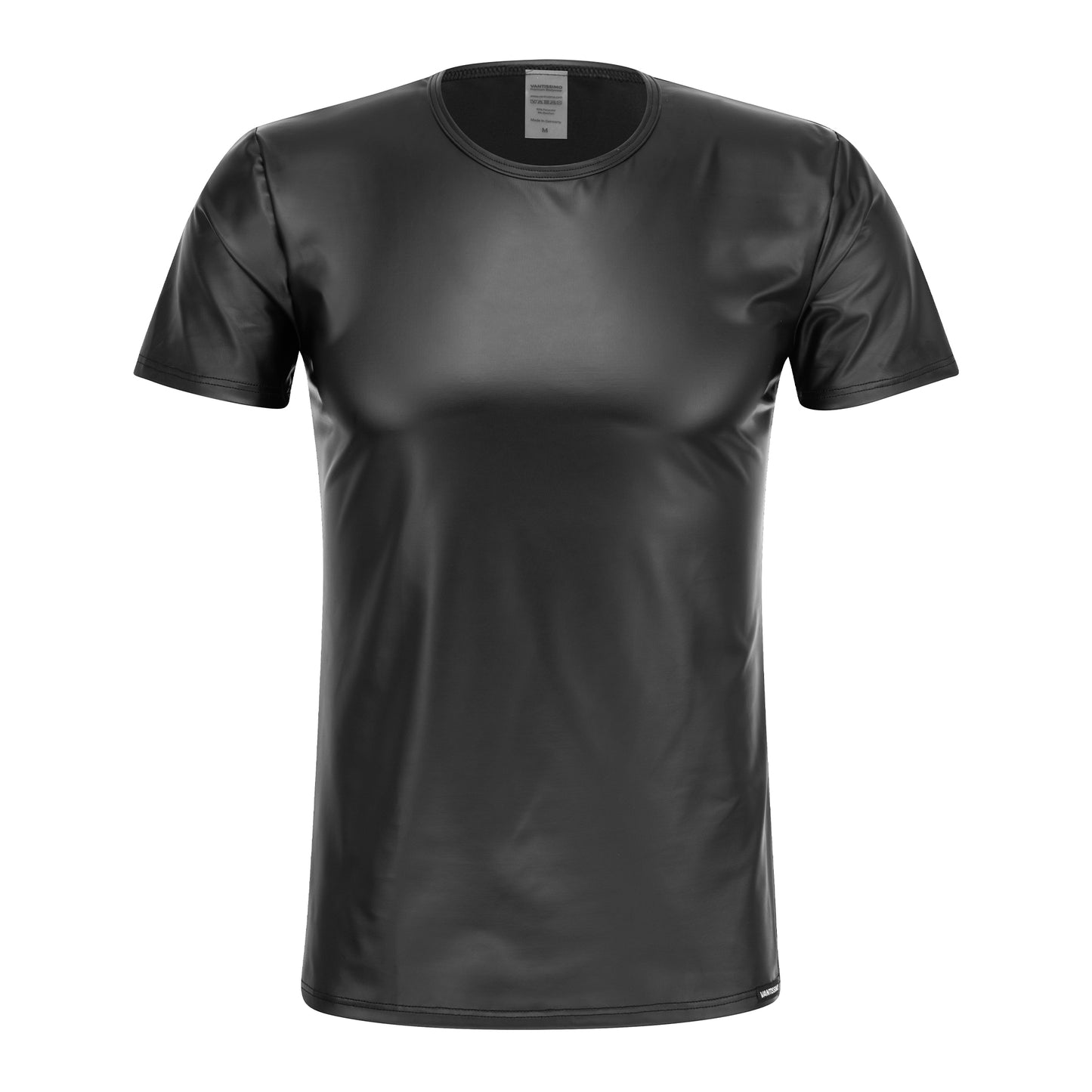 HERREN T-SHIRT SLIM RUNDHALS SCHWARZ MATT LEDER OPTIK