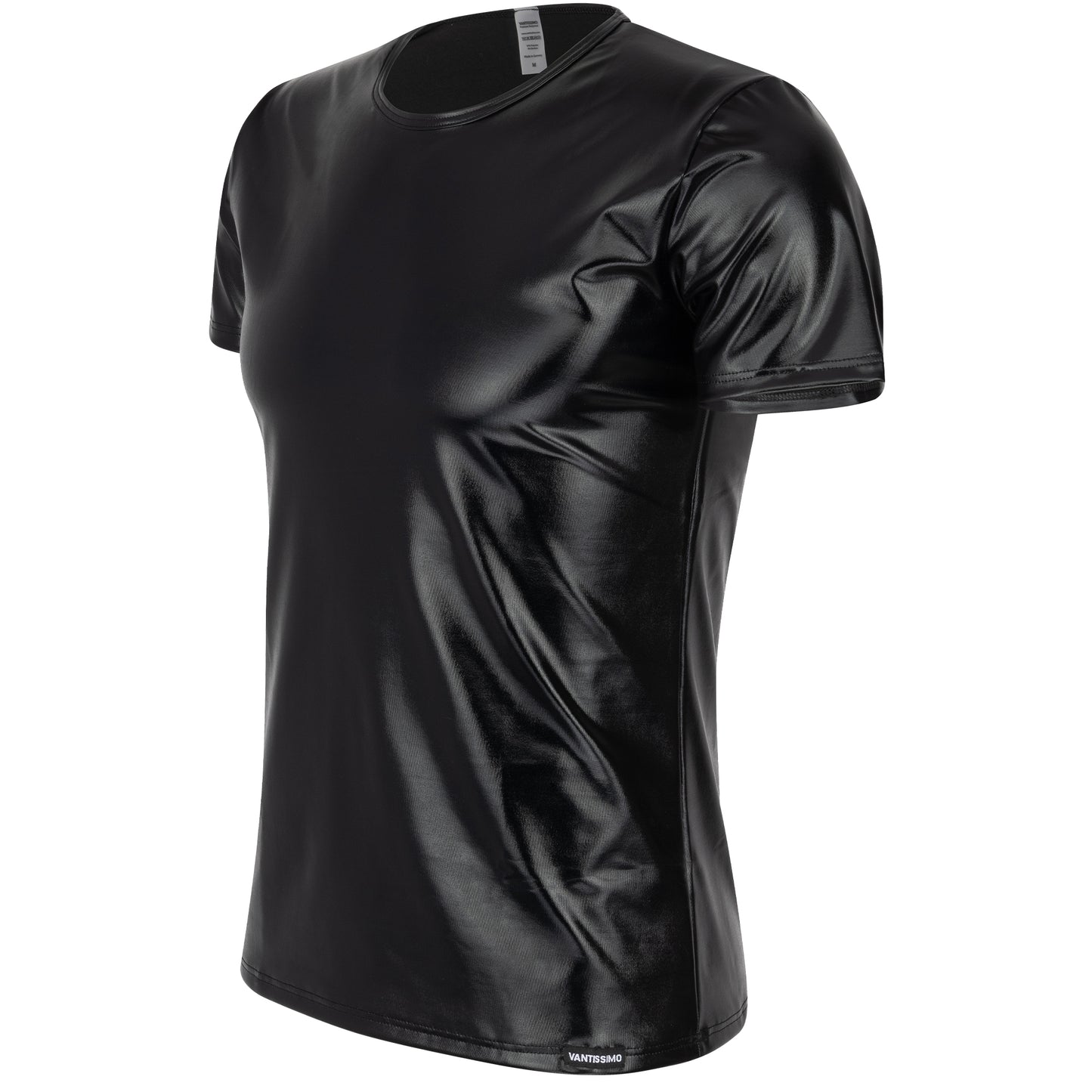 HERREN T-SHIRT SLIM RUNDHALS SCHWARZ WETLOOK GLÄNZENT LEDER OPTIK