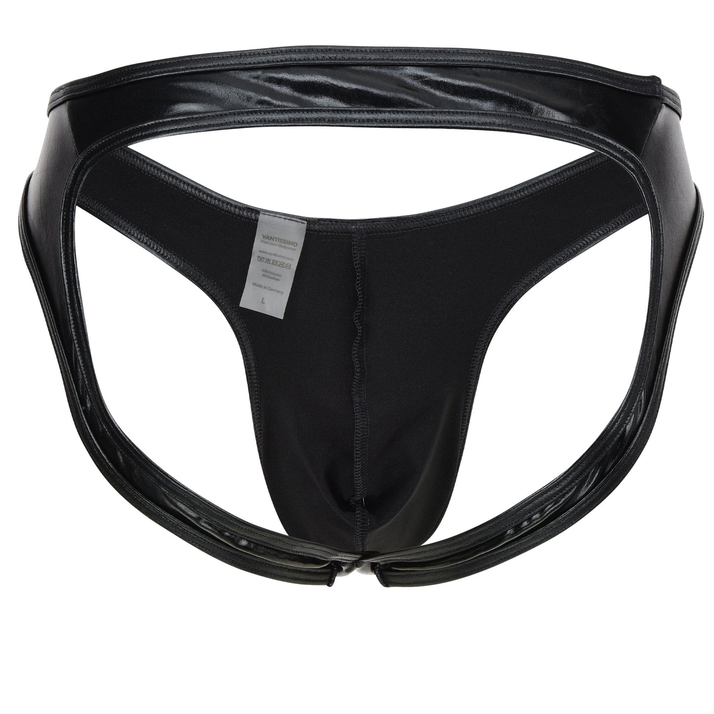 HERREN JOCK SLIP OUVERT SCHWARZ WETLOOK GLÄNZEND LEDER OPTIK