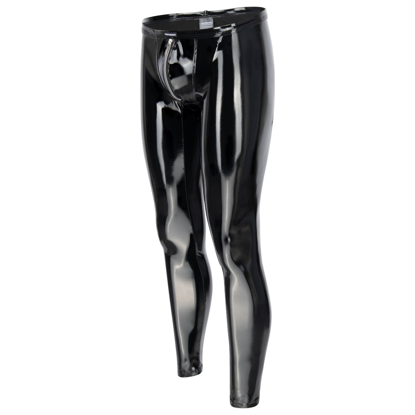 MEN'S ZIPPED LEGGINGS BLACK HIGH GLOSS LACQUER LATEX LOOK WITH ZIPPER SILVER MEGGINGS
