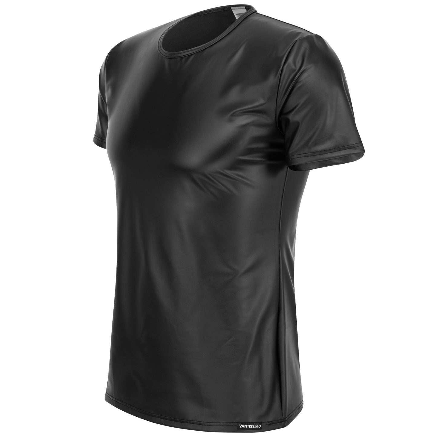 HERREN T-SHIRT SLIM RUNDHALS SCHWARZ MATT LEDER OPTIK