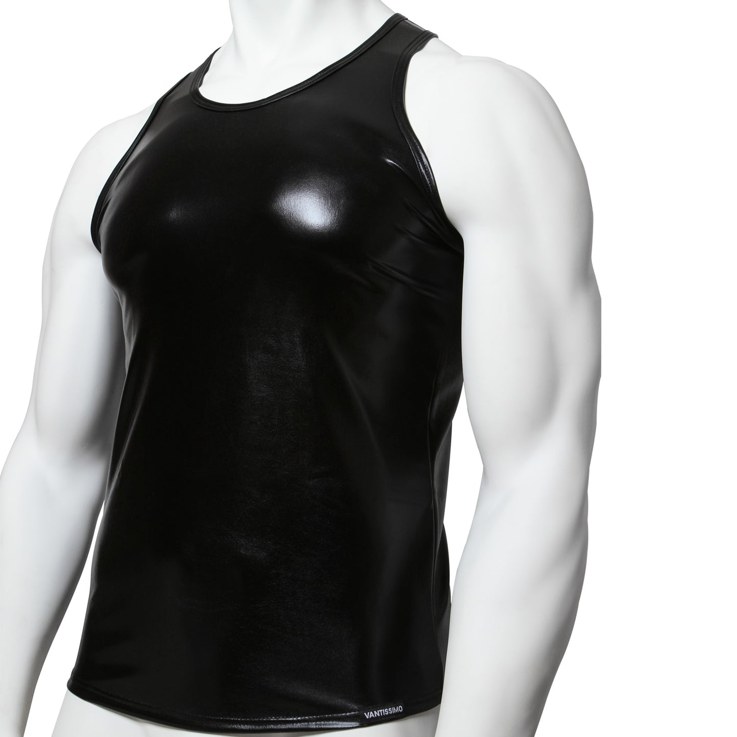 HERREN TANK TOP SLIM SCHWARZ WETLOOK GLÄNZEND LEDER OPTIK