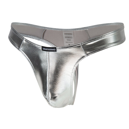 MEN'S STRING SILVER METALLIC SHINY LEATHER LOOK