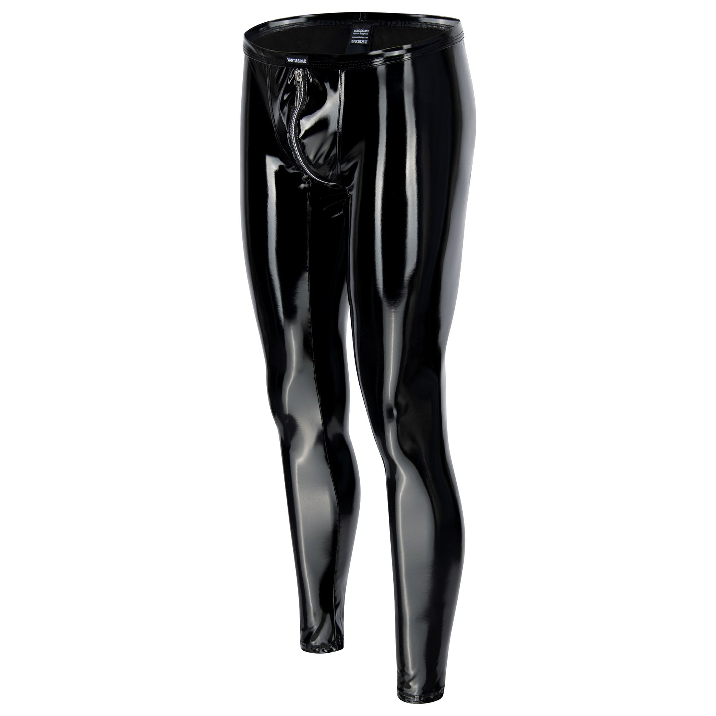 MEN'S ZIPPED LEGGINGS BLACK LACQUER WITH 2-WAY ZIPPER SILVER MEGGINGS HIGH GLOSS LACQUER LATEX LOOK